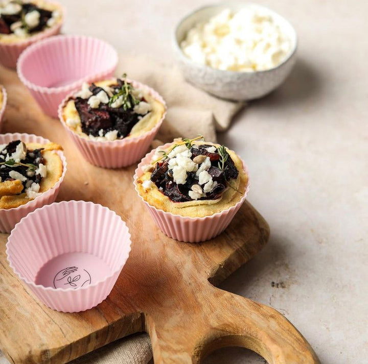 Balsamic Beetroot and Feta Tarts in pink sasstainable reusable cupcake cases