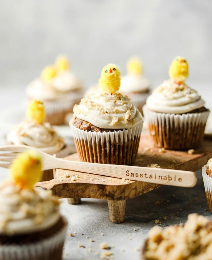 Carrot cupcakes decorated with tiny chickens