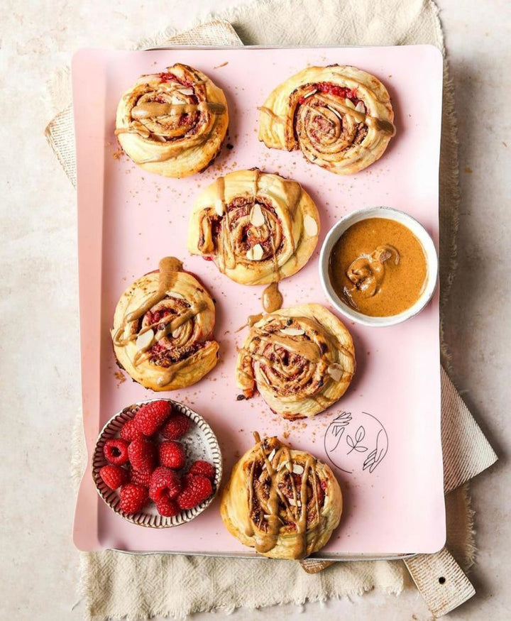 Image of 6 Raspberry and Almond Butter Swirls⁠⁠ on Sasstainable silicone baking mat