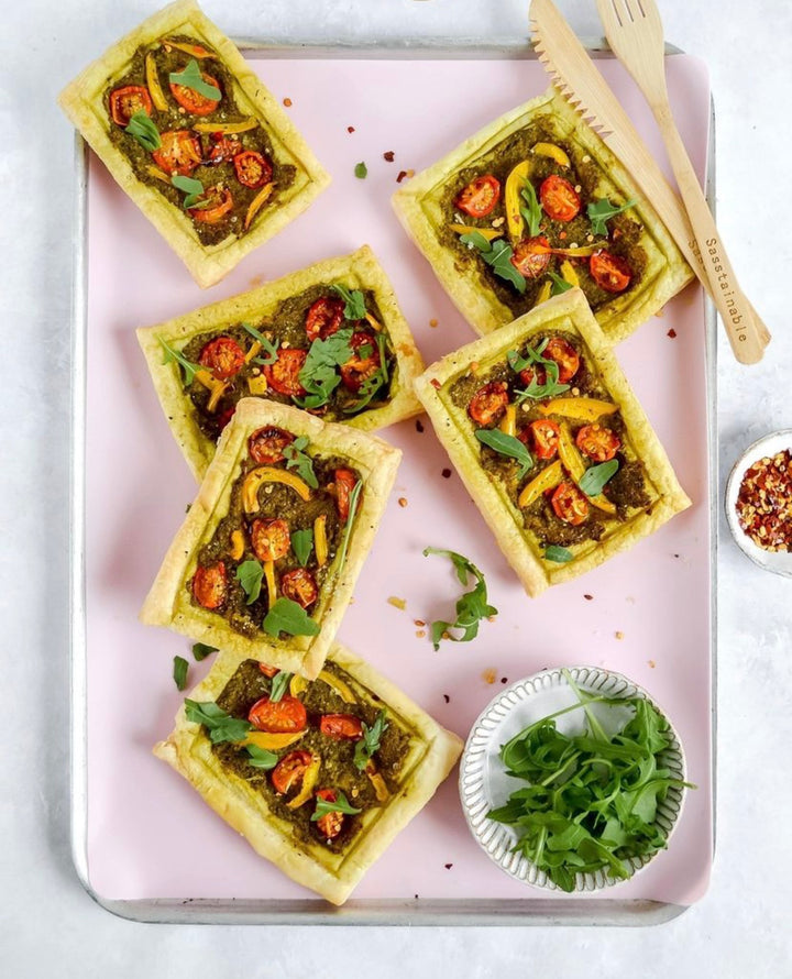 Puff Pastry Tarts with pesto, peppers and tomatoes