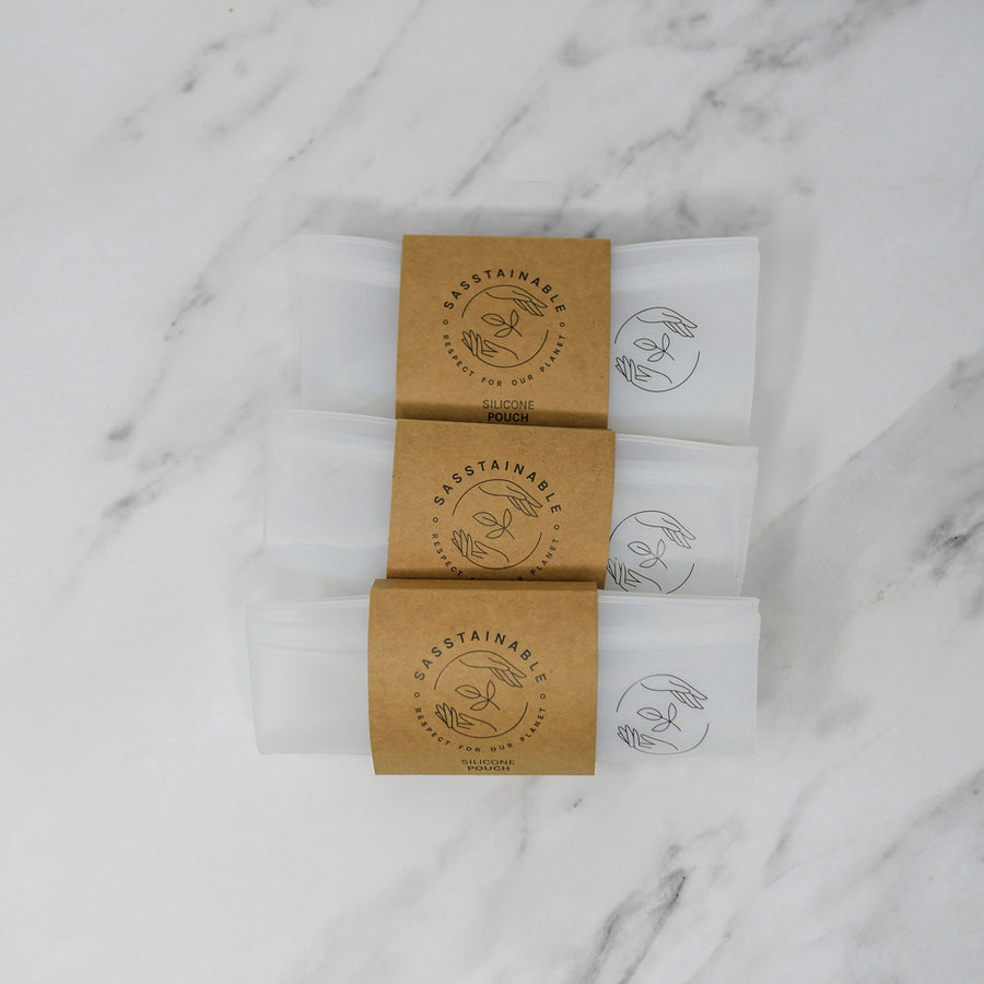 Three small reusable pouches folded up